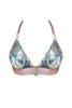 Bordelle Cubism triangle bra in rose, front view on plain white background. Image shows light pink elastic shoulder and band straps, front closure, wireless cups with art deco geometric pink and teal blue embroidery 