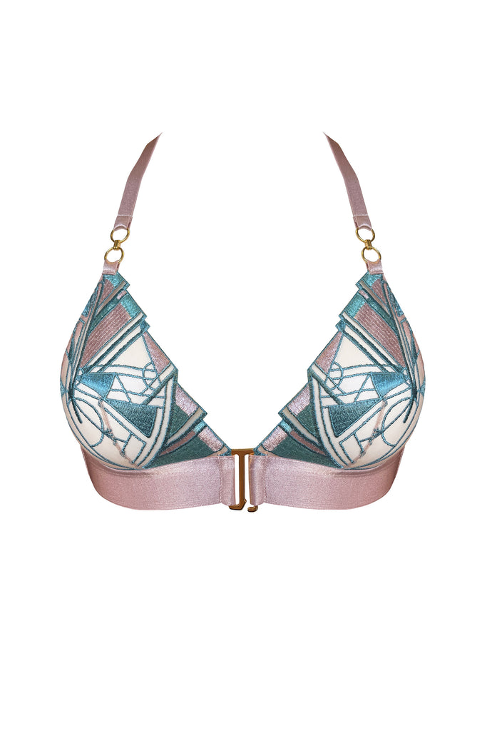 Bordelle Cubism triangle bra in rose, front view on plain white background. Image shows light pink elastic shoulder and band straps, front closure, wireless cups with art deco geometric pink and teal blue embroidery 