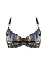 Bordelle Cubism underwire balconette bra in black, navy and icy blue geometric embroidered voile. Front view on plain white background.