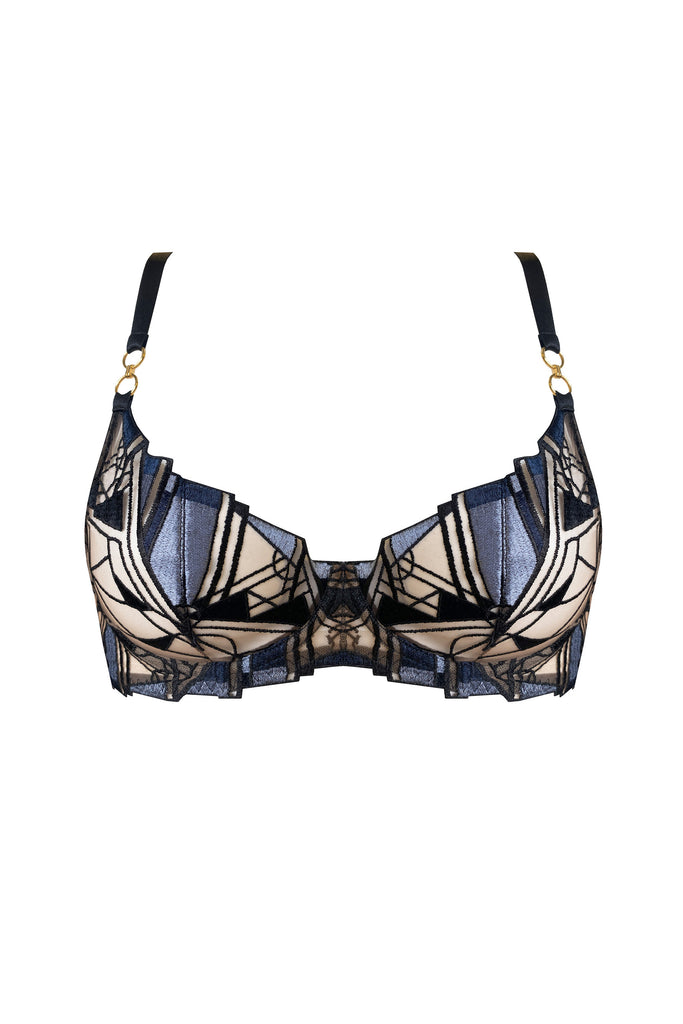 Bordelle Cubism underwire balconette bra in black, navy and icy blue geometric embroidered voile. Front view on plain white background.