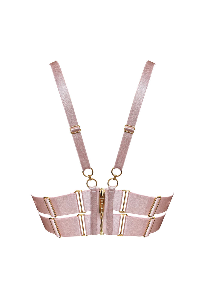 Bordelle Cubism balconette underwire bra in rose pink. Back view on plain white background showing pink satin elastic shoulder and band straps, with gold plated hardware including zip closure