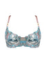 Bordelle Cubism underwire bra in rose pink and ocean blues. Front view on plain white background showing geometric embroidery and pink satin elastic shoulder straps attached with 24k gold plated hardware.