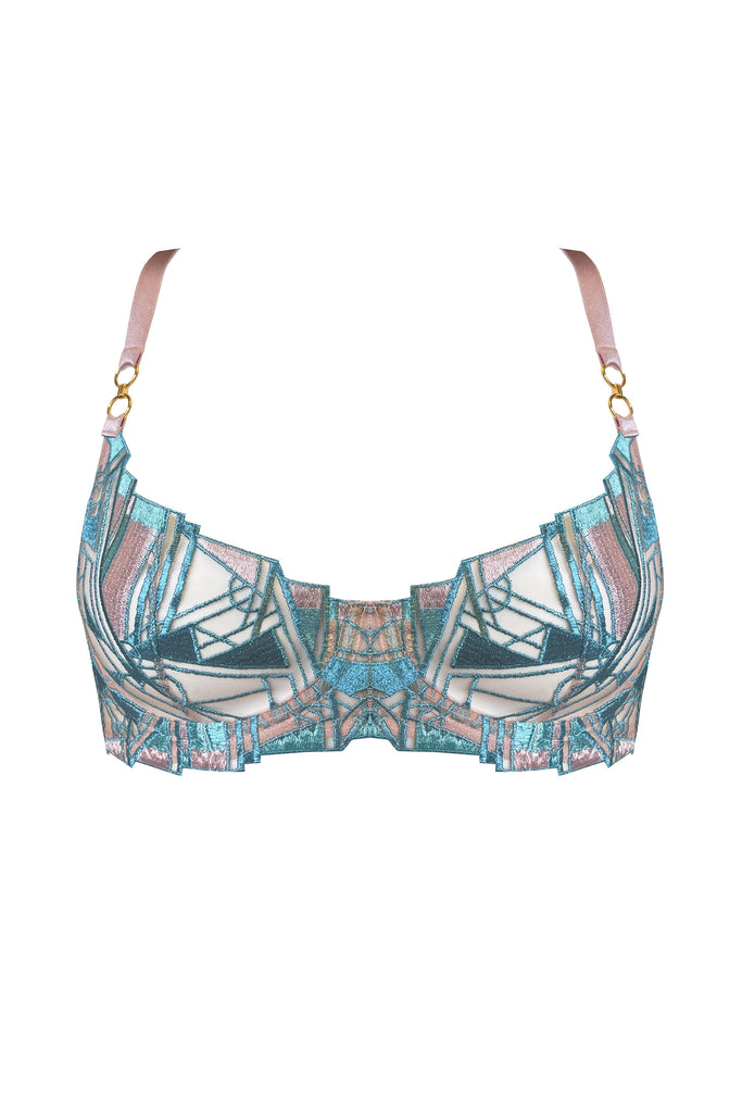 Bordelle Cubism underwire bra in rose pink and ocean blues. Front view on plain white background showing geometric embroidery and pink satin elastic shoulder straps attached with 24k gold plated hardware.