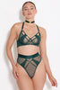 Bordelle Vero Balconette underwire bra in dark Eden green, featuring movable jersey panels over sheer mesh cups with strappy detailing and 24k gold plated hardware. Front view on model in matching collar and high waist thong. 