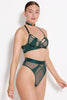 Bordelle Vero Balconette underwire bra in dark Eden green, featuring movable jersey panels over sheer mesh cups with strappy detailing and 24k gold plated hardware. Front/side view on model in matching collar and high waist thong. 