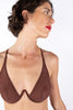 La Fille d'O Fast Girls sheer monowire plunge bra in chocolate brown. Close up front view shown on model. 